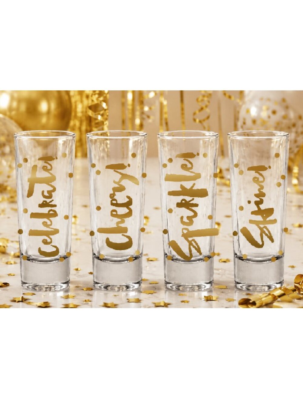 Celebrate - Set of 4 Gold Foil Celebration Shot Glasses - Cheers, Sparkle & Shin